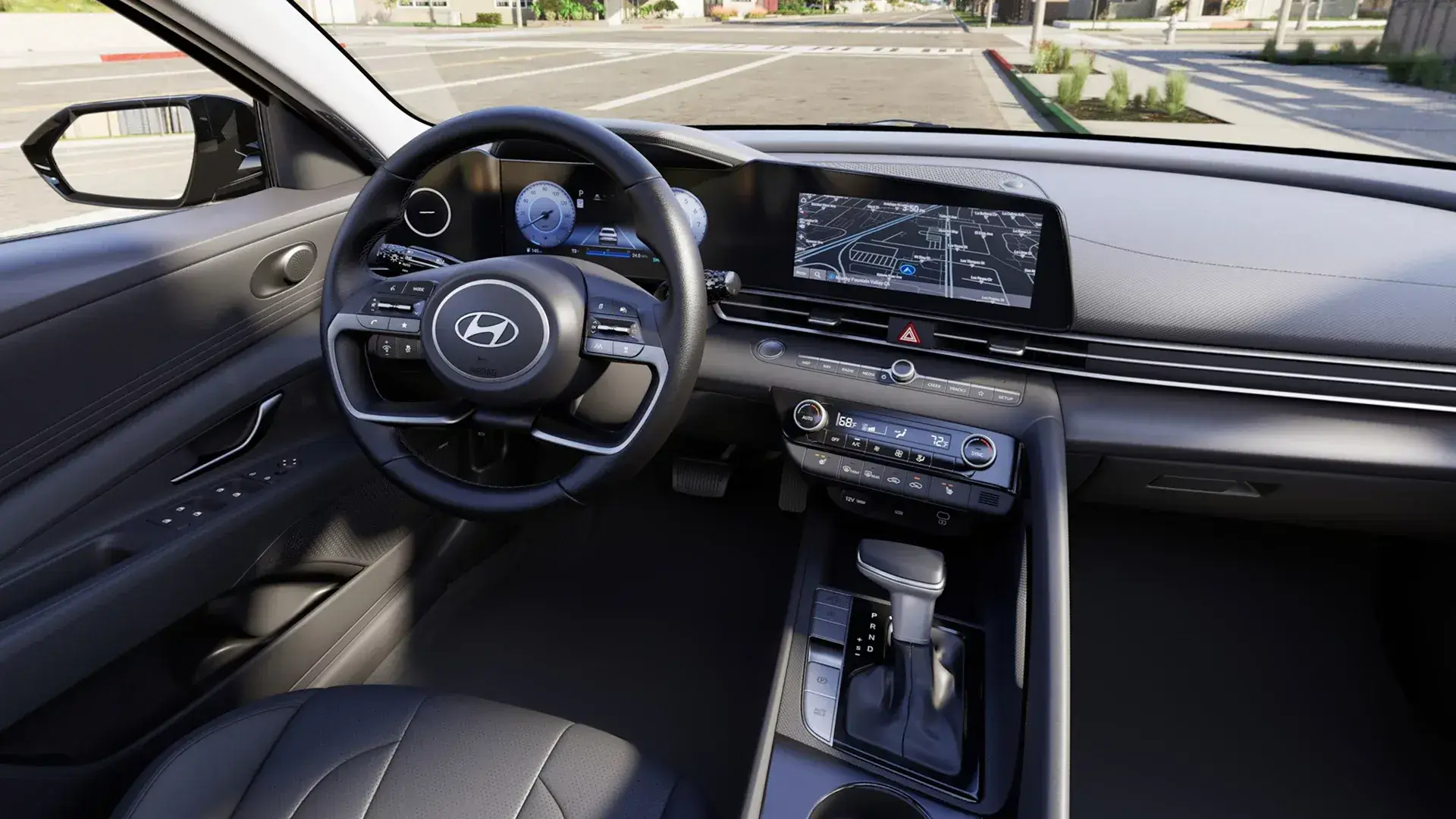 Hyundai Elantra Limited dashboard with dual 10.25-inch screens from the driver's side