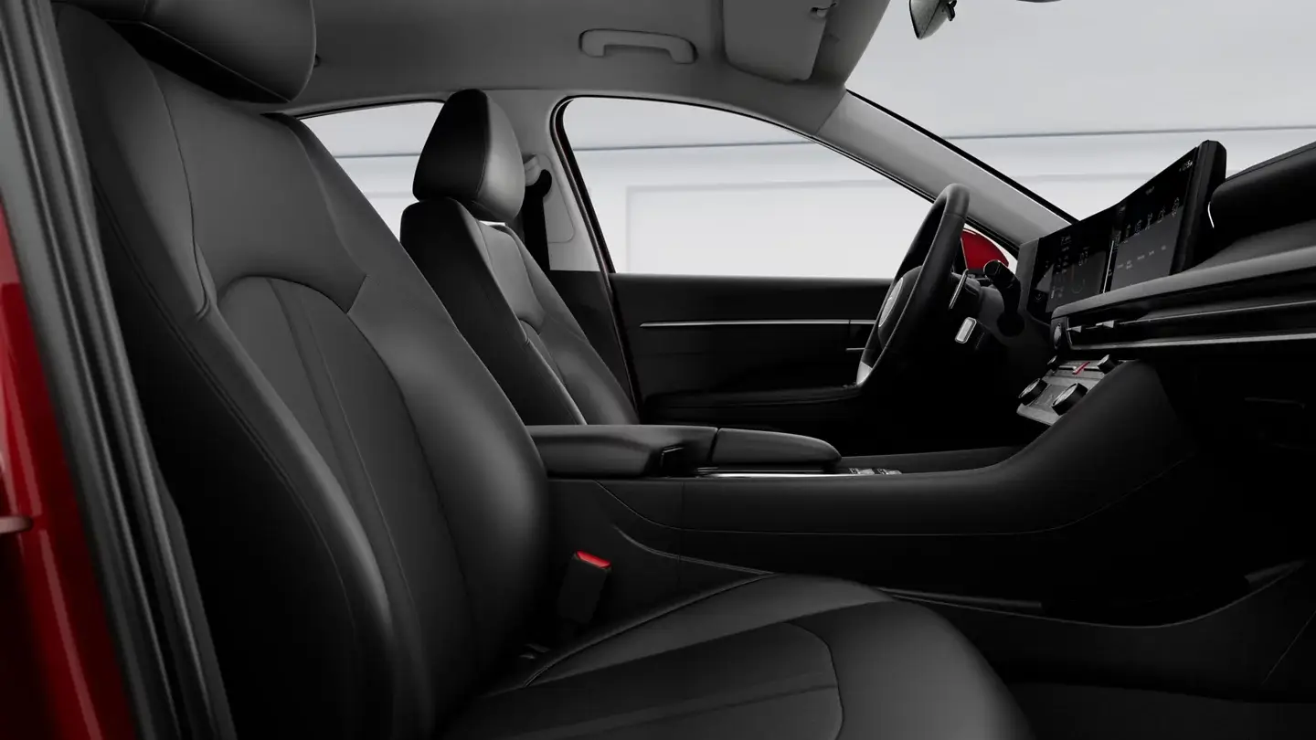 Hyundai Sonata SEL Sport black front seats seen through the open passenger door