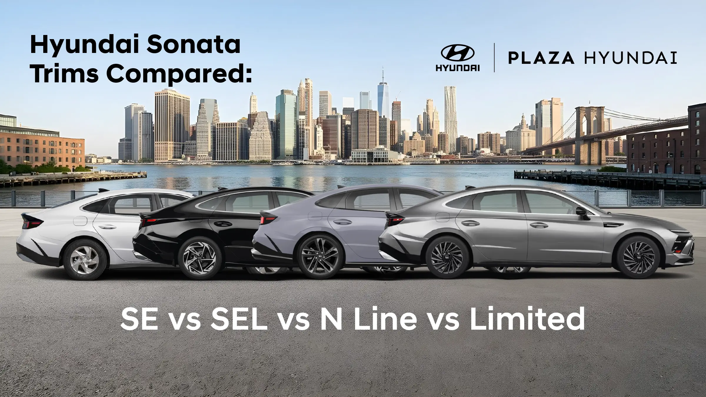 Four Hyundai Sonata sedans in white, black, lavender gray and silver lined up in profile in front of the Manhattan skyline and the Brooklyn Bridge