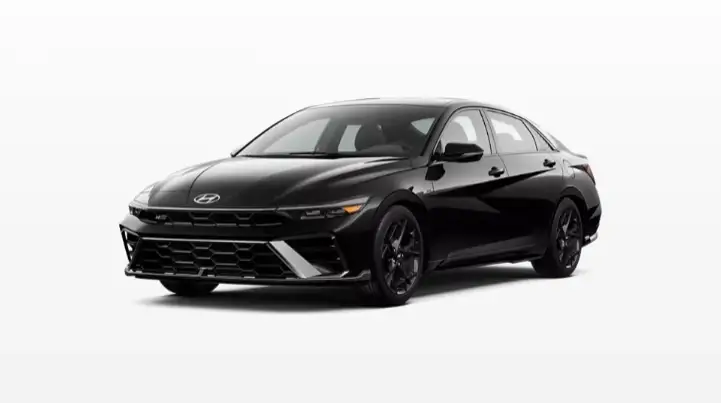 Black Hyundai Elantra N Line with sport front bumper and black wheels, front three-quarter view