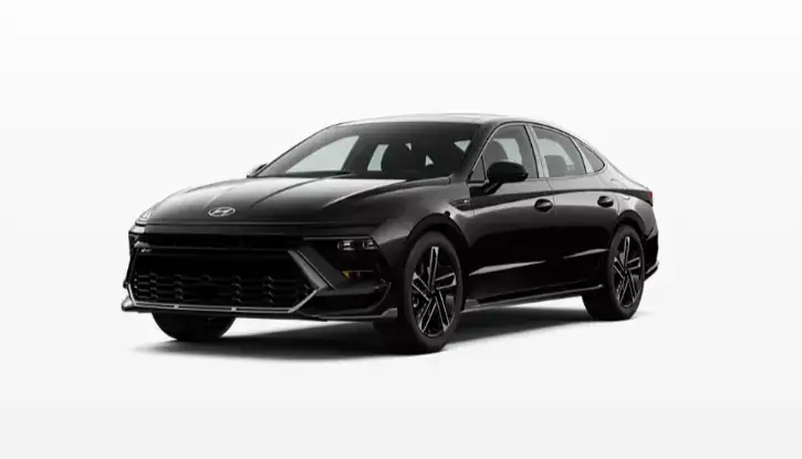 Black Hyundai Sonata N Line with black wheels and mesh grille, front three-quarter view