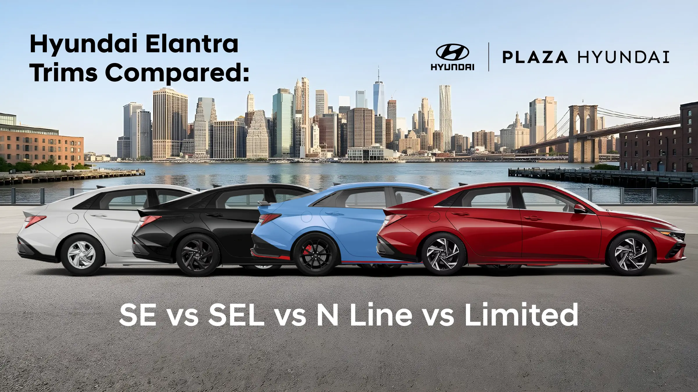 White, black, blue and red Hyundai Elantra sedans lined up in front of the Manhattan skyline and the Brooklyn Bridge