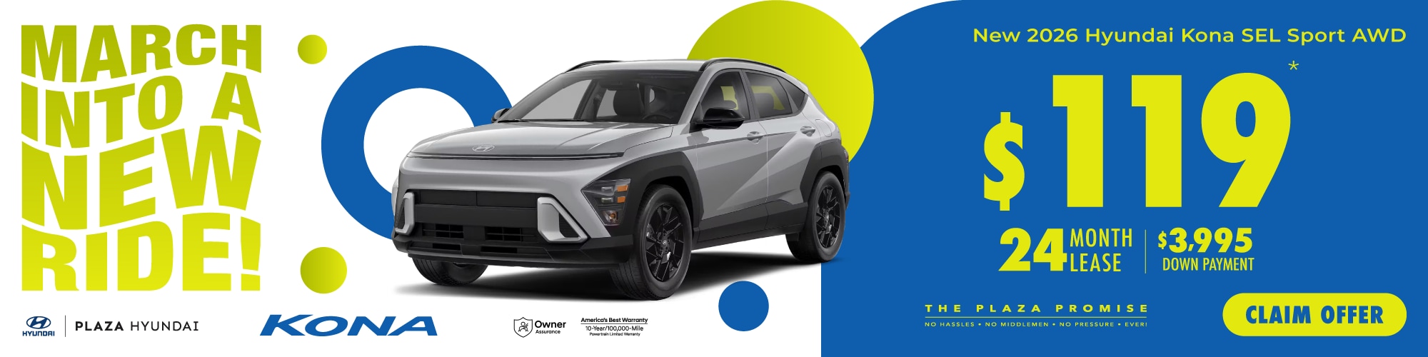 New 2026 Hyundai Kona SEL Sport AWD now only $119 lease for 24 months