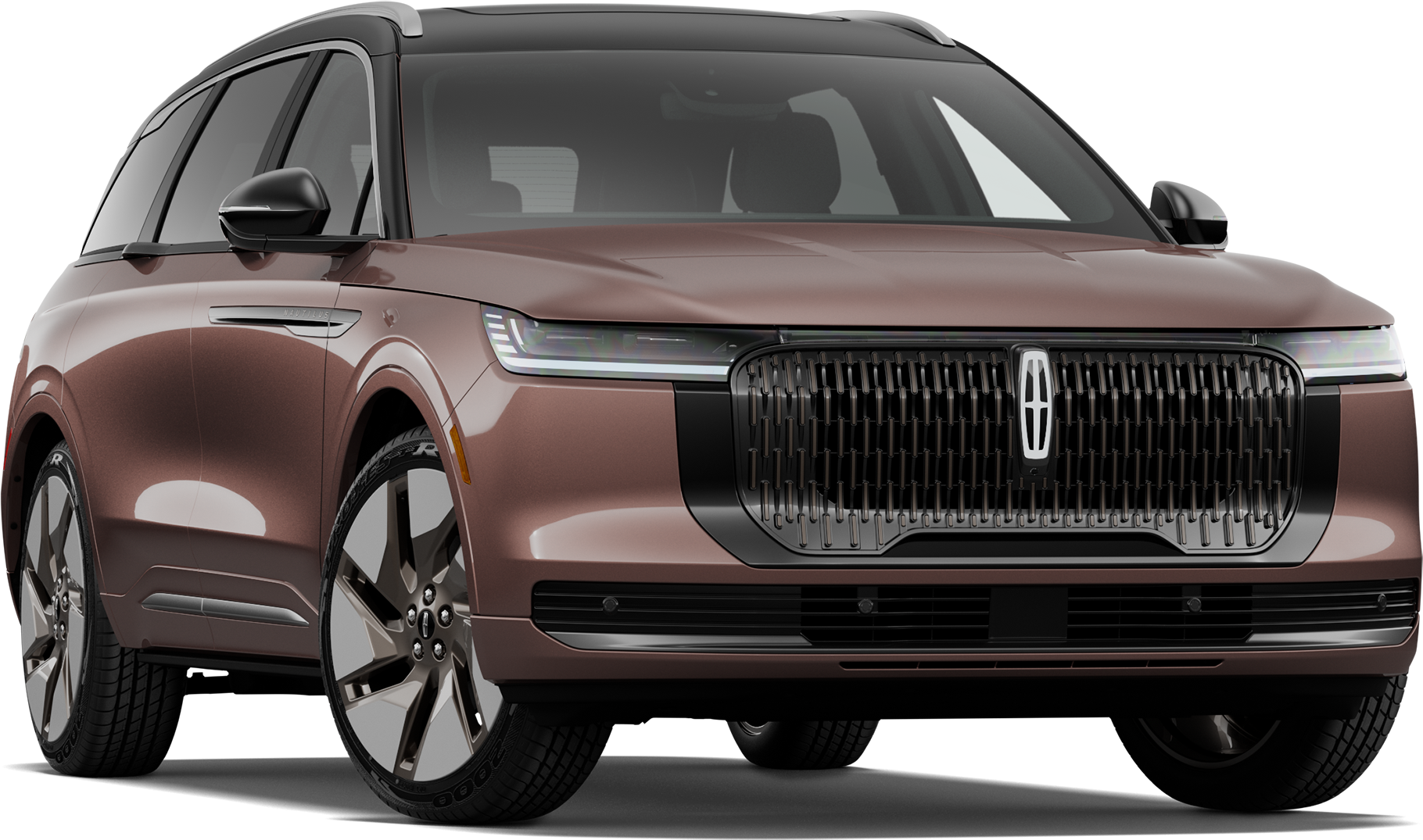 Studio shot of a metallic copper 2027 Lincoln Nautilus luxury SUV isolated on a black background.