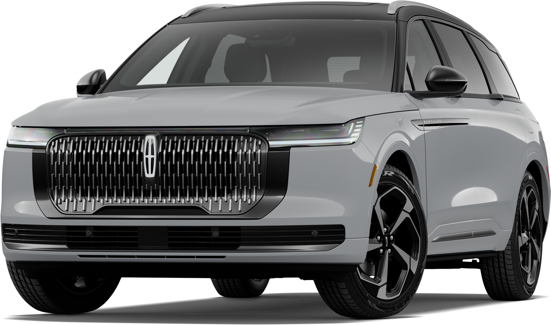 Front three-quarter studio shot of a white 2027 Lincoln Nautilus luxury SUV with black roof and illuminated front grille isolated on a black background.