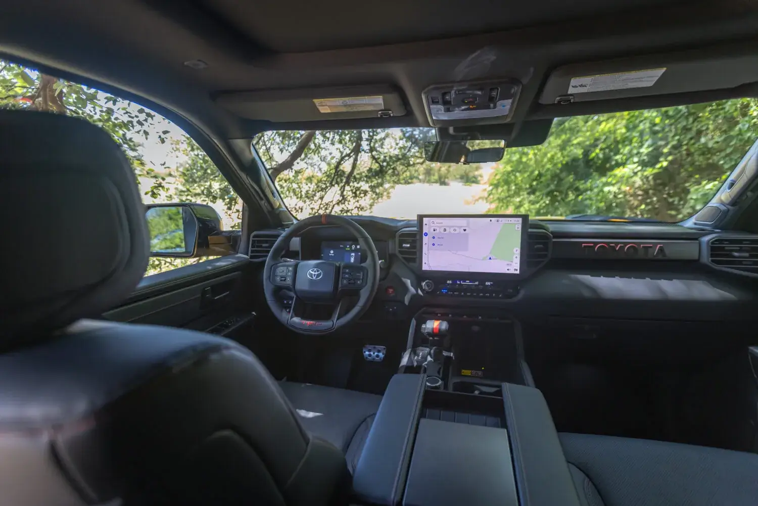 Interior touchscreen of the 2027 Toyota Sequoia TRD Pro showing the 14-inch display
