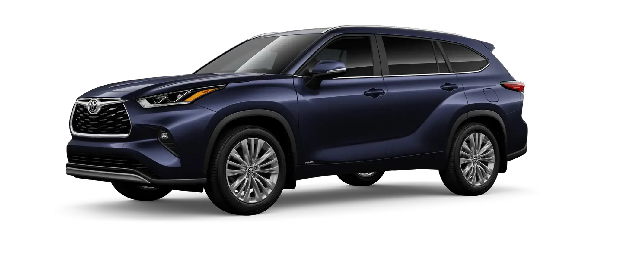 Blue Toyota Highlander, front three-quarter view facing left