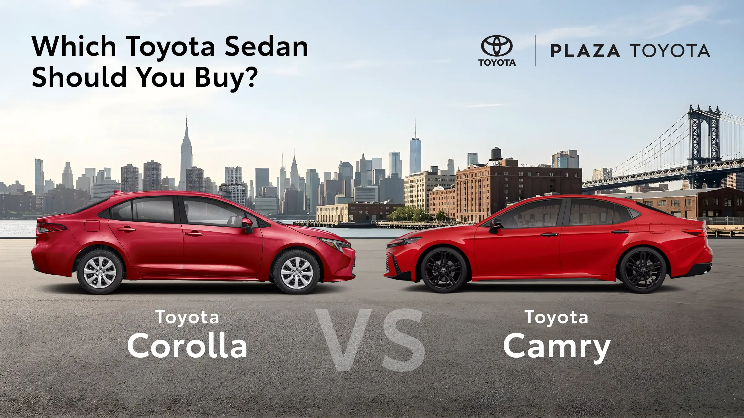 Red Toyota Corolla and red Toyota Camry parked side by side with the Manhattan skyline behind them