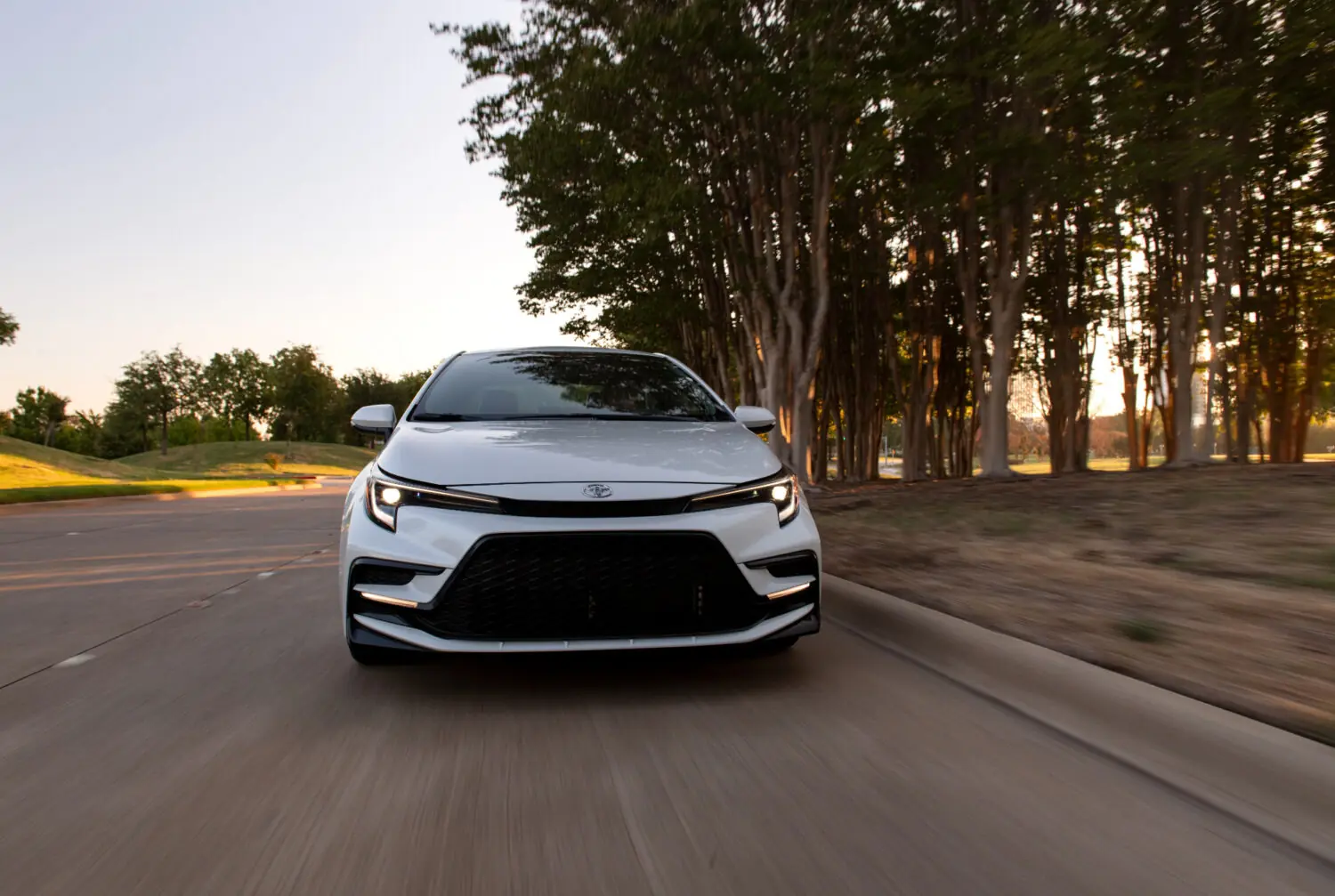White Toyota Corolla driving on a tree-lined road, front view