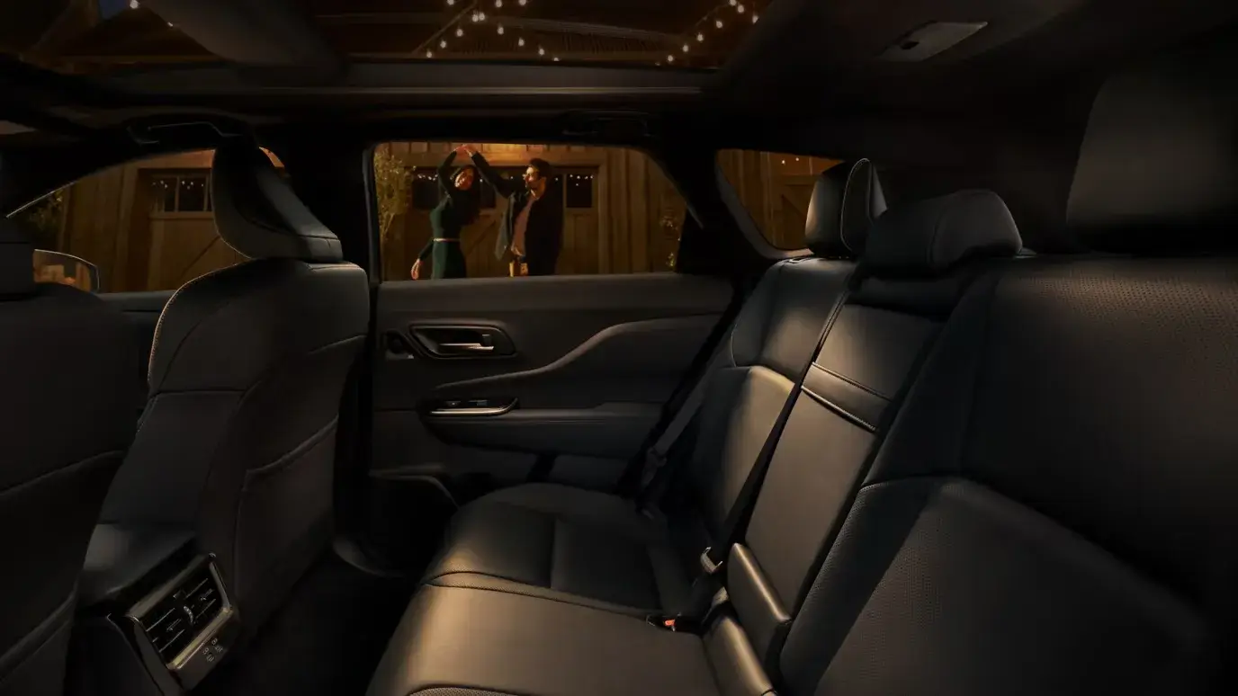 Rear seats of the Toyota Crown Signia in black leather-trimmed upholstery