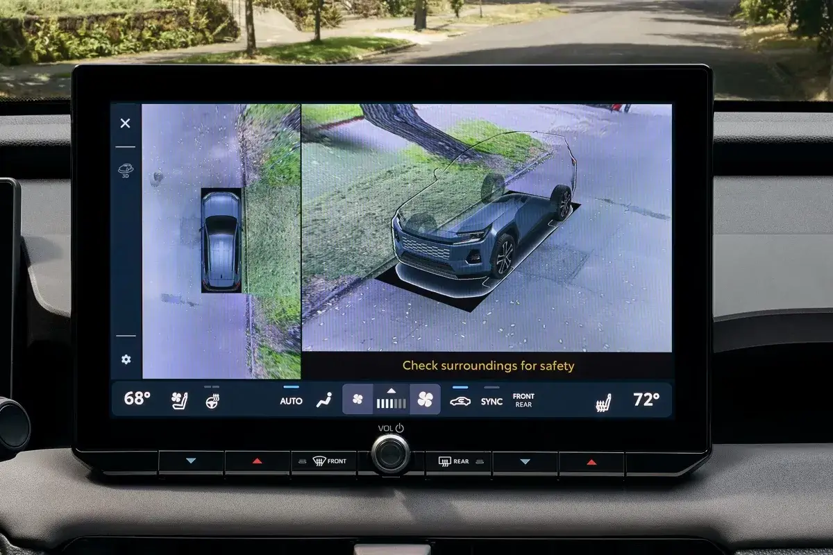 Panoramic view monitor on the Toyota RAV4 screen showing a 3D overhead view for parking