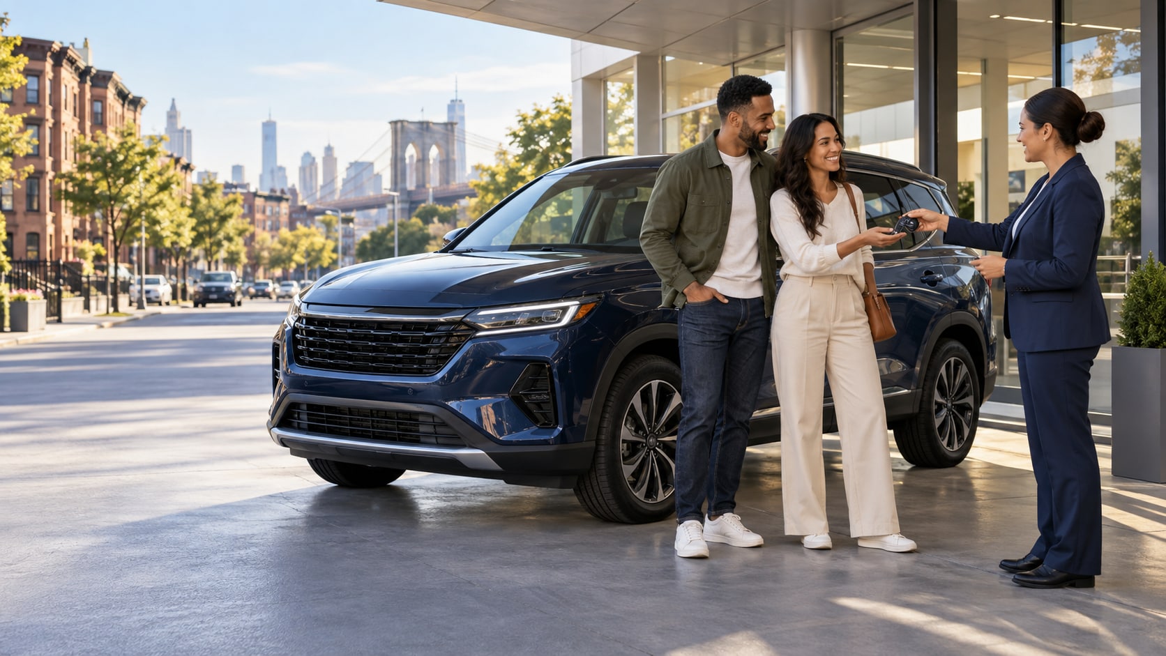 Customers receiving rental keys outside a Brooklyn dealership