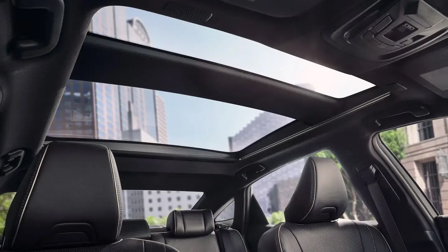 Fixed panoramic glass roof of the Toyota Crown seen from inside the cabin