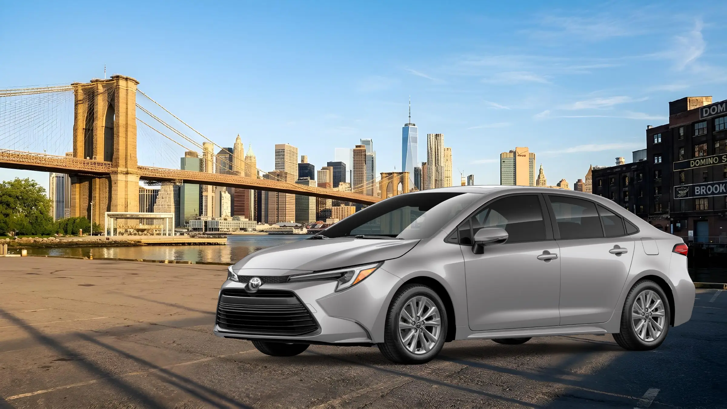 2027 Toyota Corolla sedan shown from the front three-quarter angle for Plaza Toyota in New York