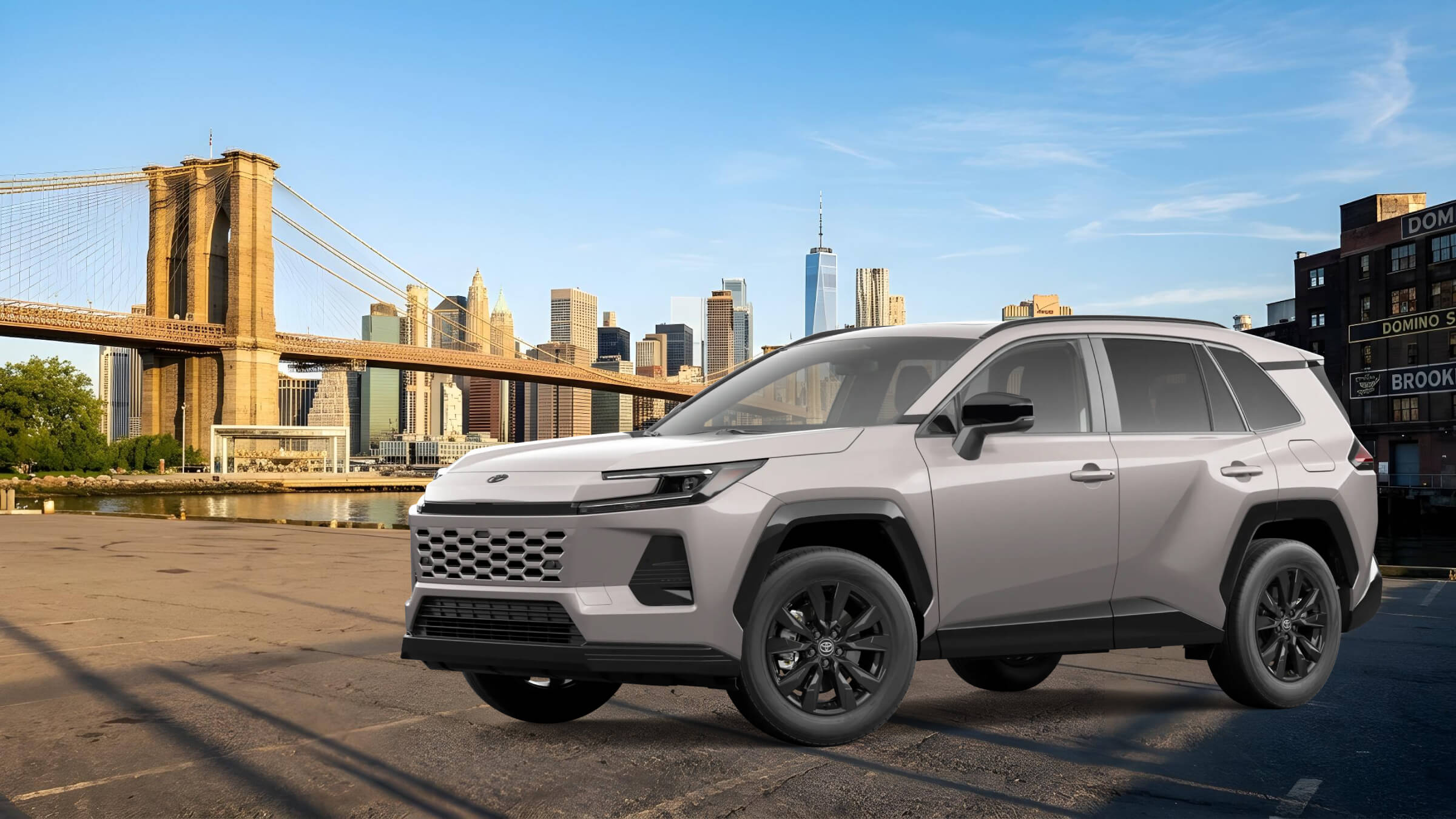 Toyota RAV4 photographed with the Brooklyn Bridge and New York City skyline behind it for Plaza Toyota
