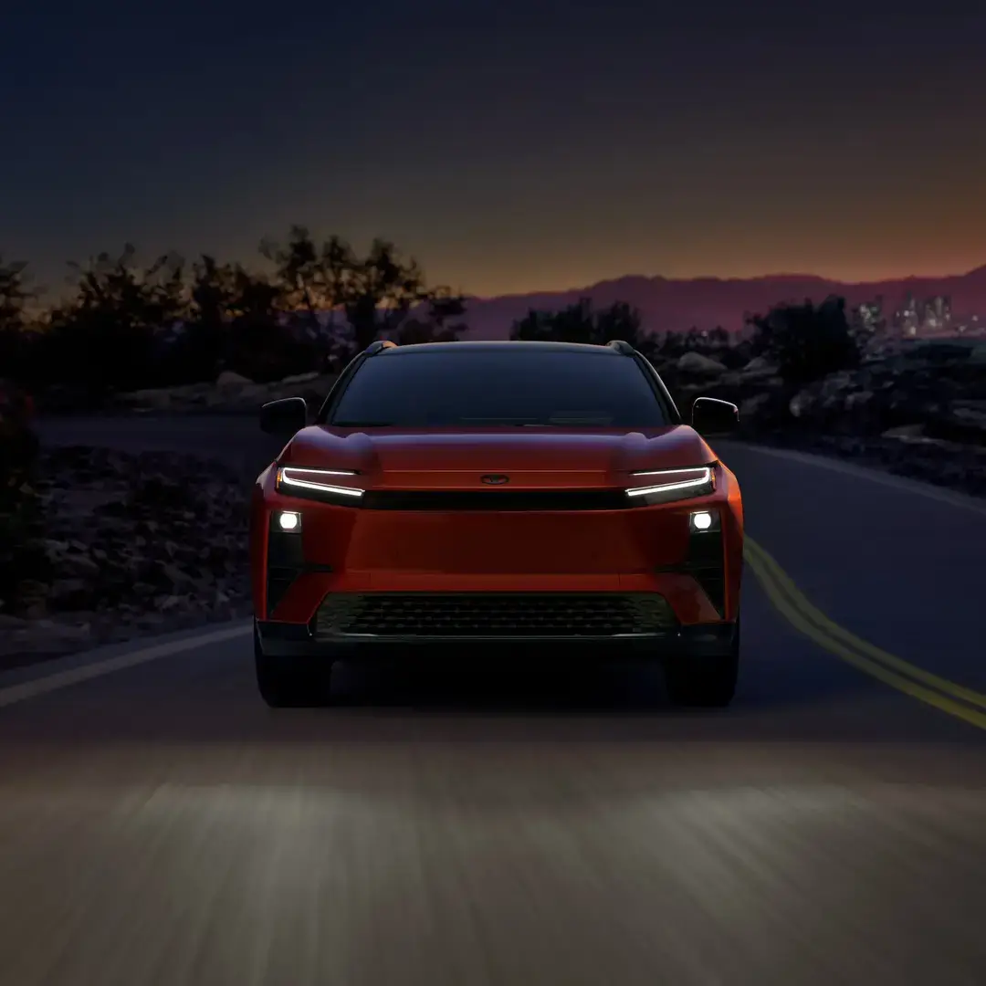 Front view of the 2027 Toyota C-HR electric SUV showing the hammerhead front end and LED lighting