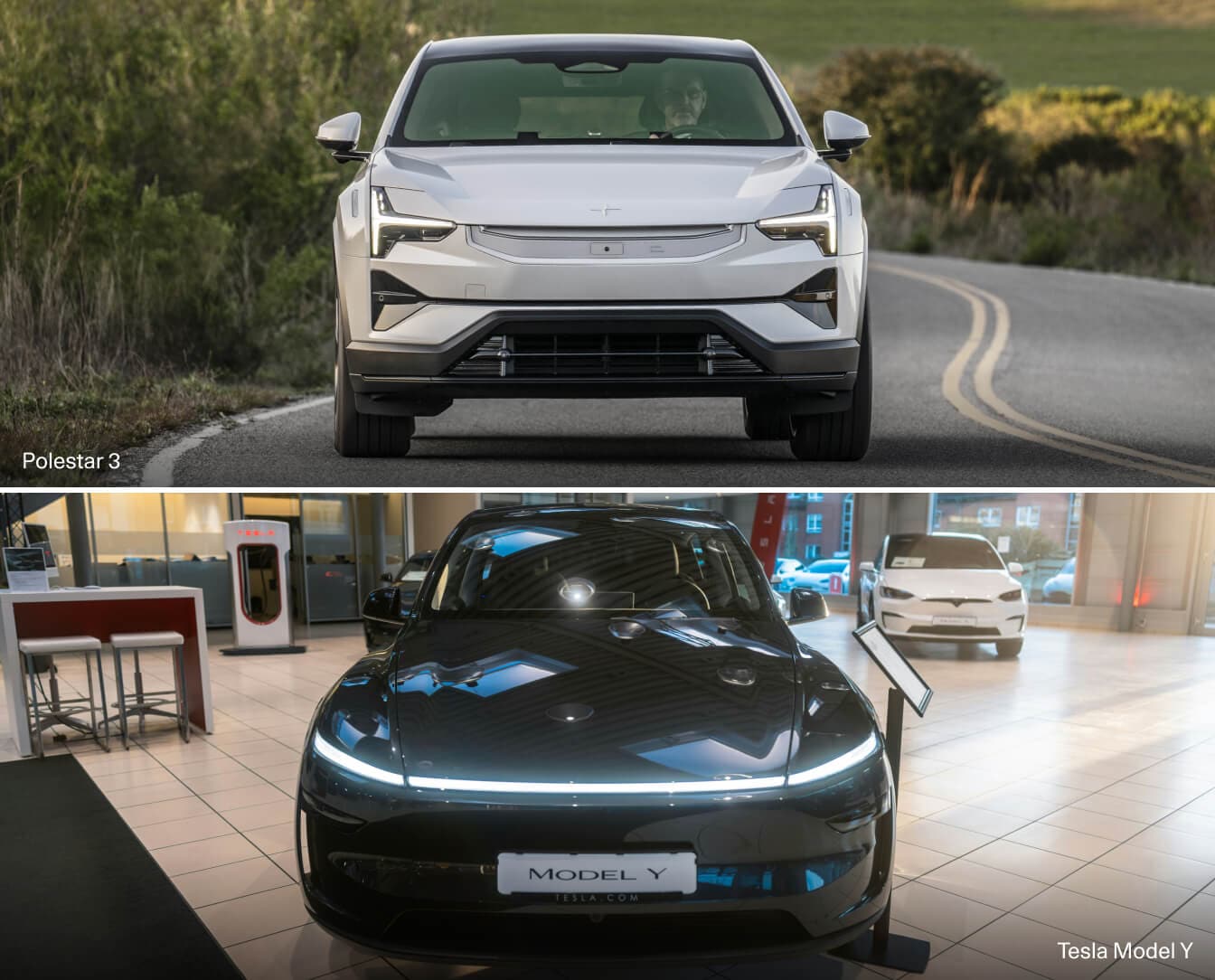 Polestar 3 Vs Tesla Model Y front hood view comparison