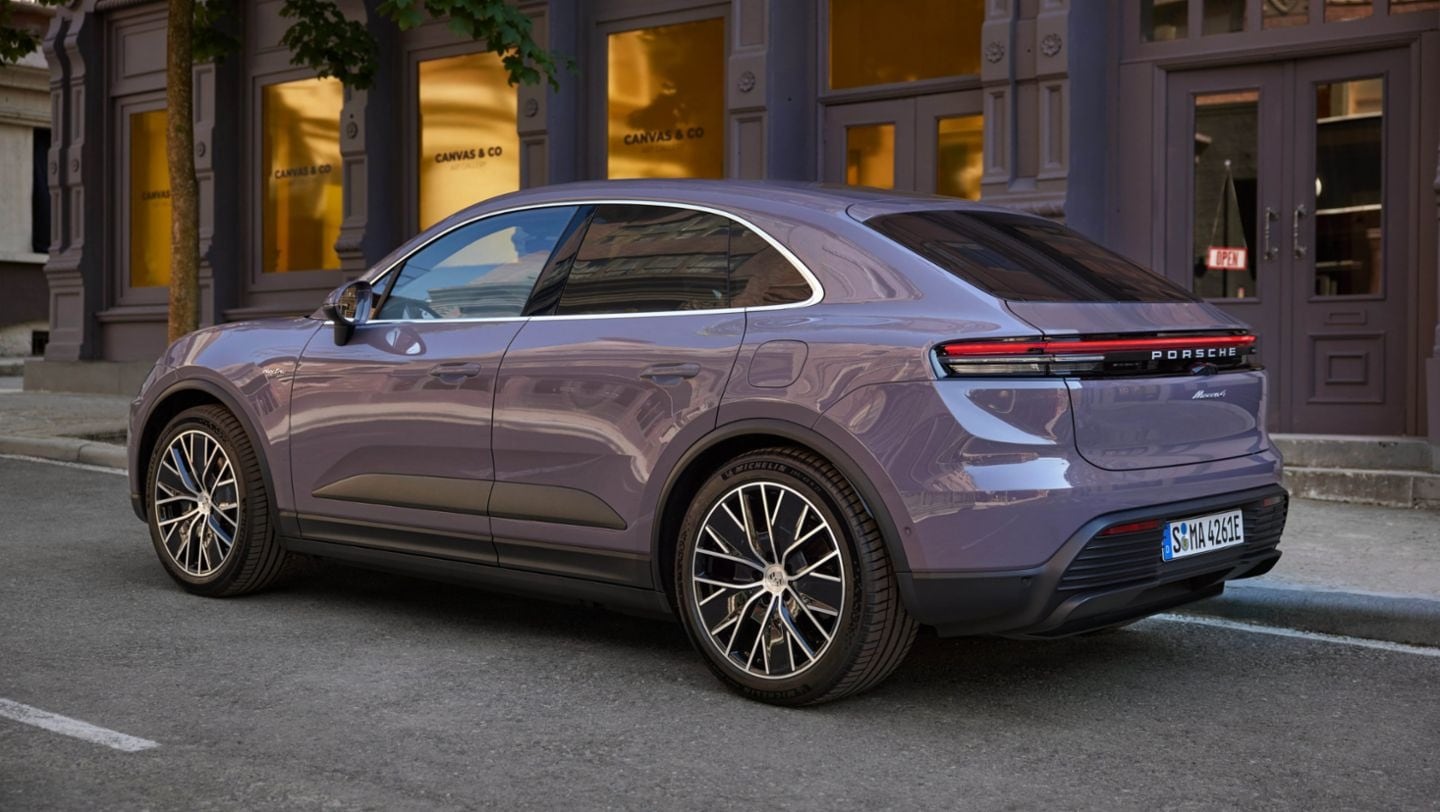 Exterior of purple Porsche Macan Electric