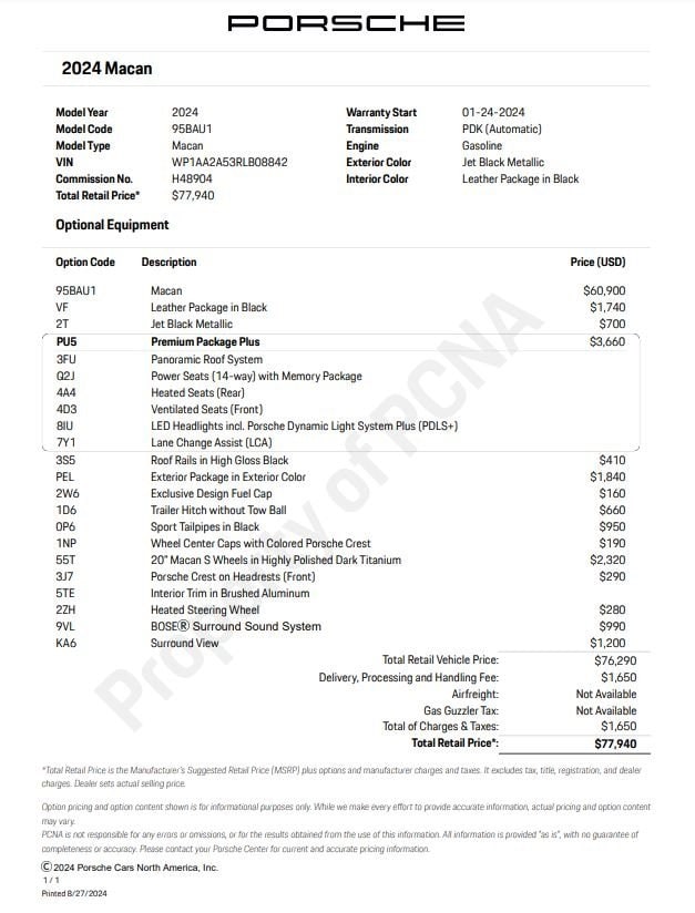 Certified 2024 Porsche Macan Base with VIN WP1AA2A53RLB08842 for sale in Norwell, MA