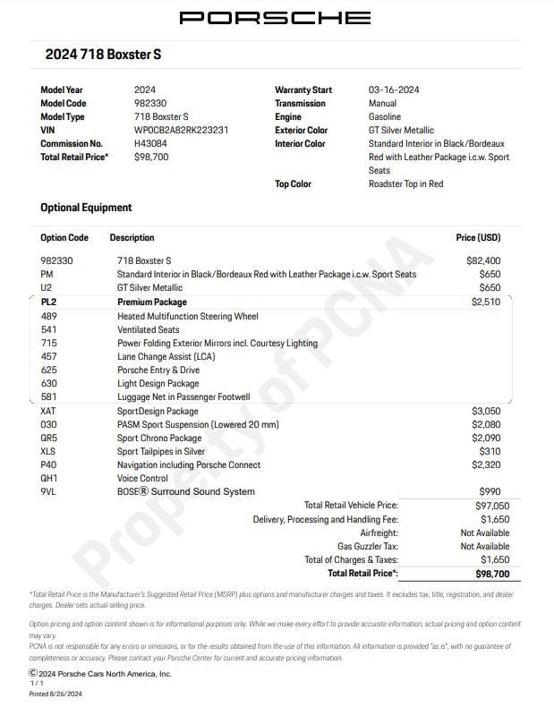 Certified 2024 Porsche 718 S with VIN WP0CB2A82RK223231 for sale in Norwell, MA