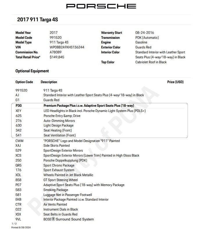 Certified 2017 Porsche 911 Targa 4S with VIN WP0BB2A9XHS136244 for sale in Norwell, MA