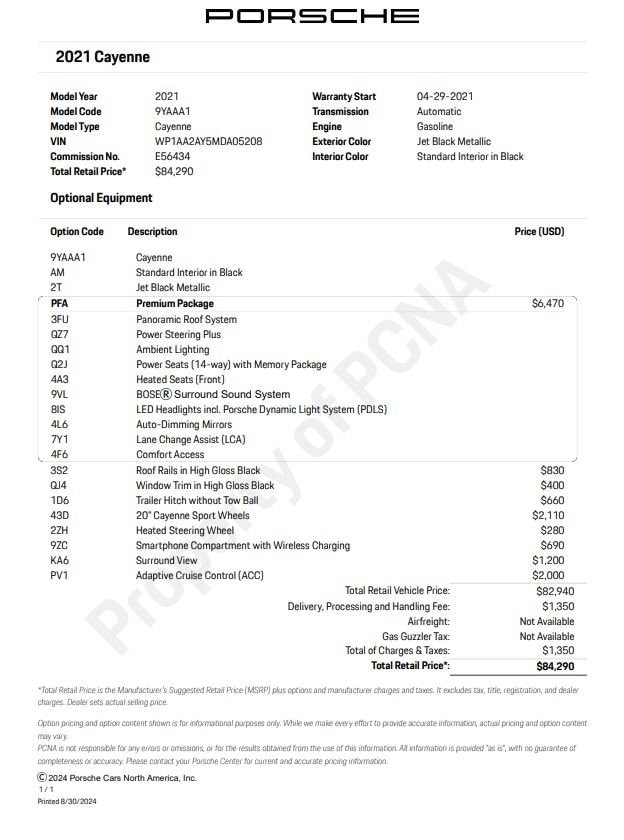 Certified 2021 Porsche Cayenne Base with VIN WP1AA2AY5MDA05208 for sale in Norwell, MA