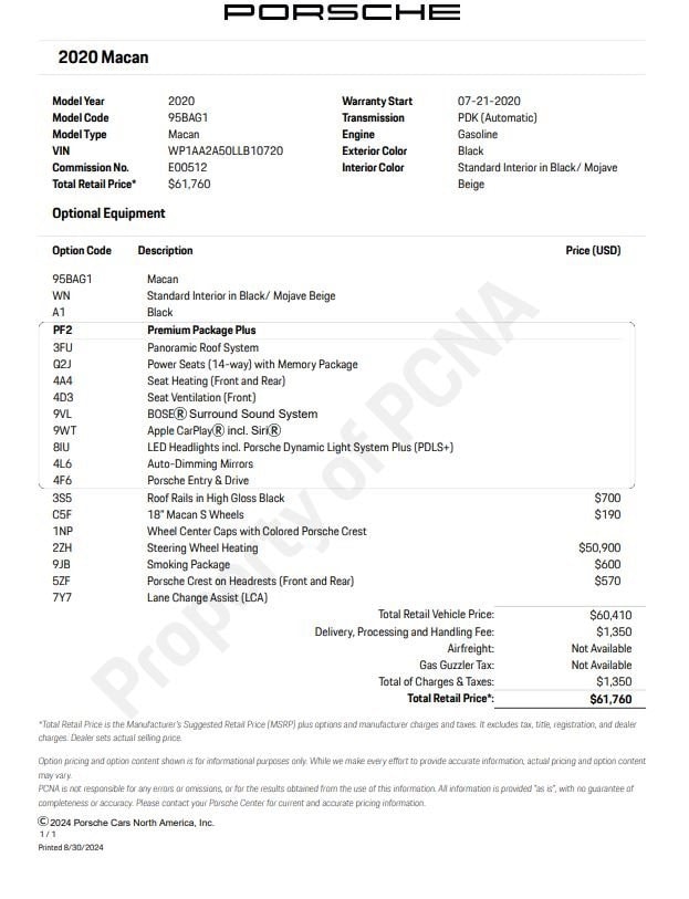 Certified 2020 Porsche Macan Base with VIN WP1AA2A50LLB10720 for sale in Norwell, MA