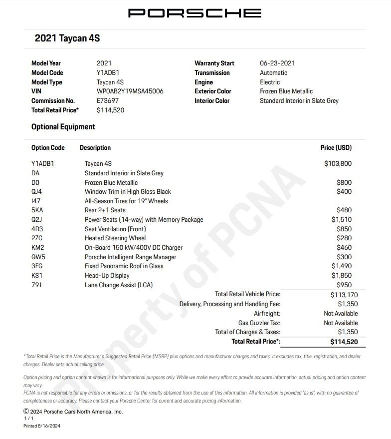 Certified 2021 Porsche Taycan S with VIN WP0AB2Y19MSA45006 for sale in Norwell, MA