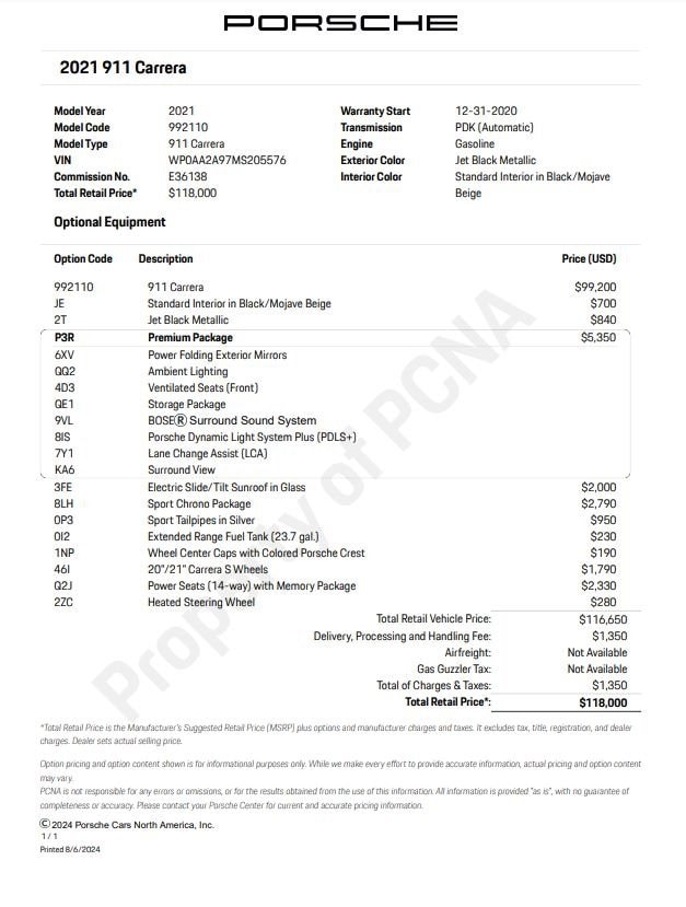 Certified 2021 Porsche 911 Base with VIN WP0AA2A97MS205576 for sale in Norwell, MA