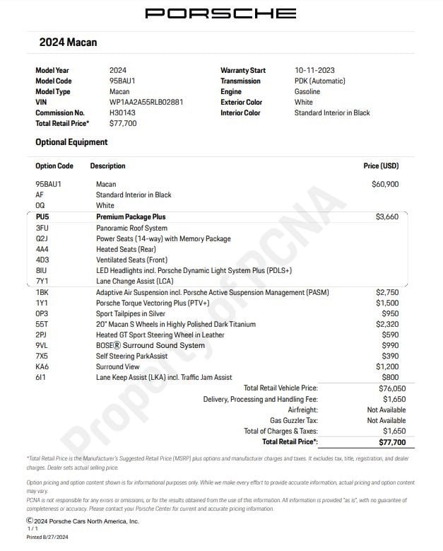 Certified 2024 Porsche Macan Base with VIN WP1AA2A55RLB02881 for sale in Norwell, MA