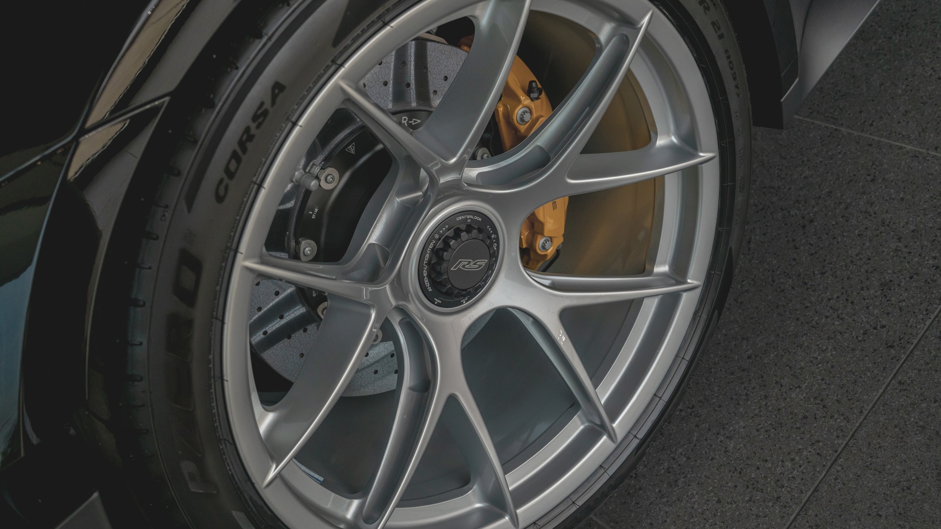 Closeup of 2023 GT3 RS wheel in Porsche Warrington showroom.