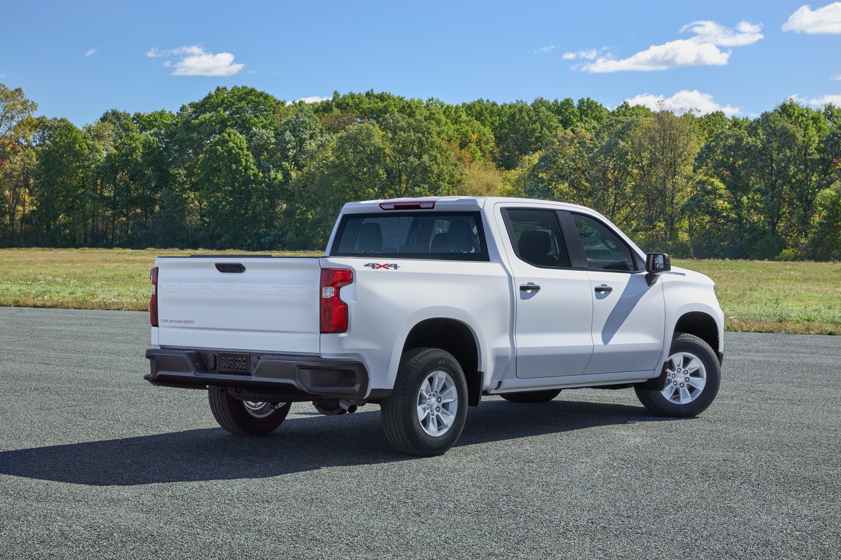 White Chevrolet Silverado 1500 parked near a field with green grass and green trees during the afternoon