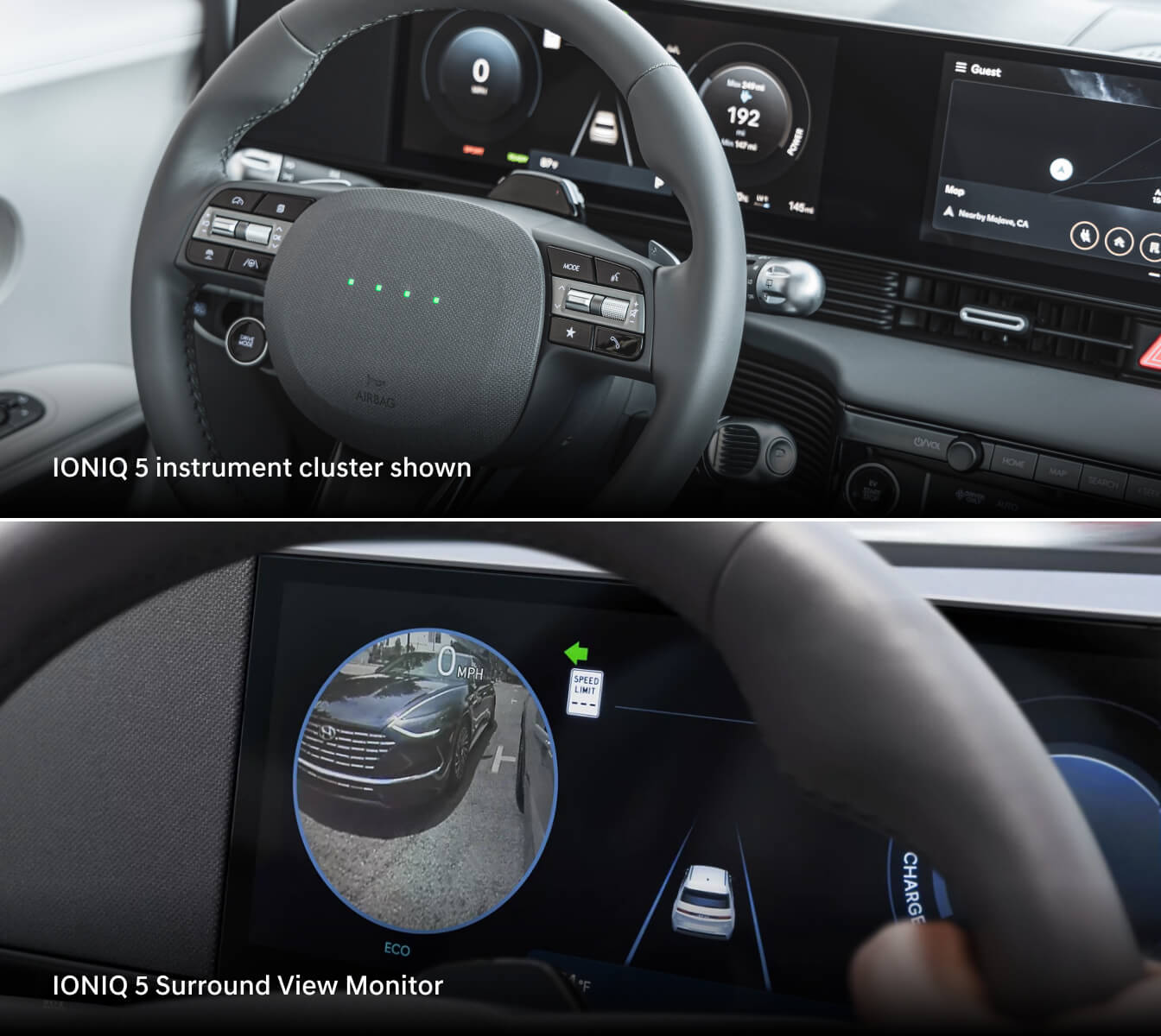 2026 Hyundai IONIQ 5 instrument cluster. Bottom: Surround View Monitor showing a vehicle beside the car.