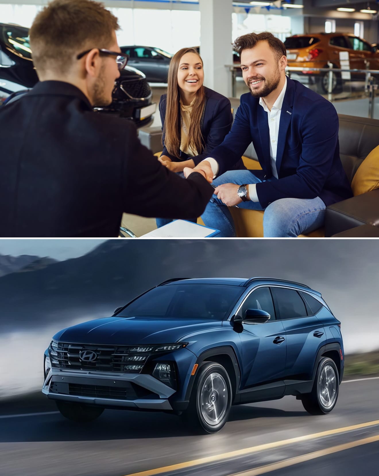 Car dealership representative shaking hands with a customer above a blue Hyundai Tucson driving on a mountain road.