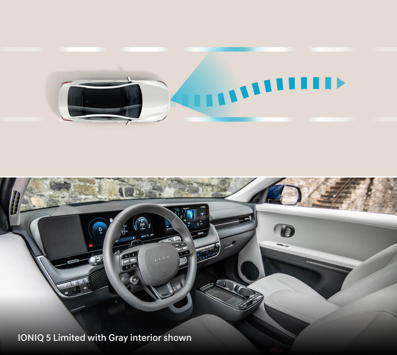lane change assist graphic. Bottom: 2026 Hyundai IONIQ 5 Limited with Gray interior and digital cockpit.