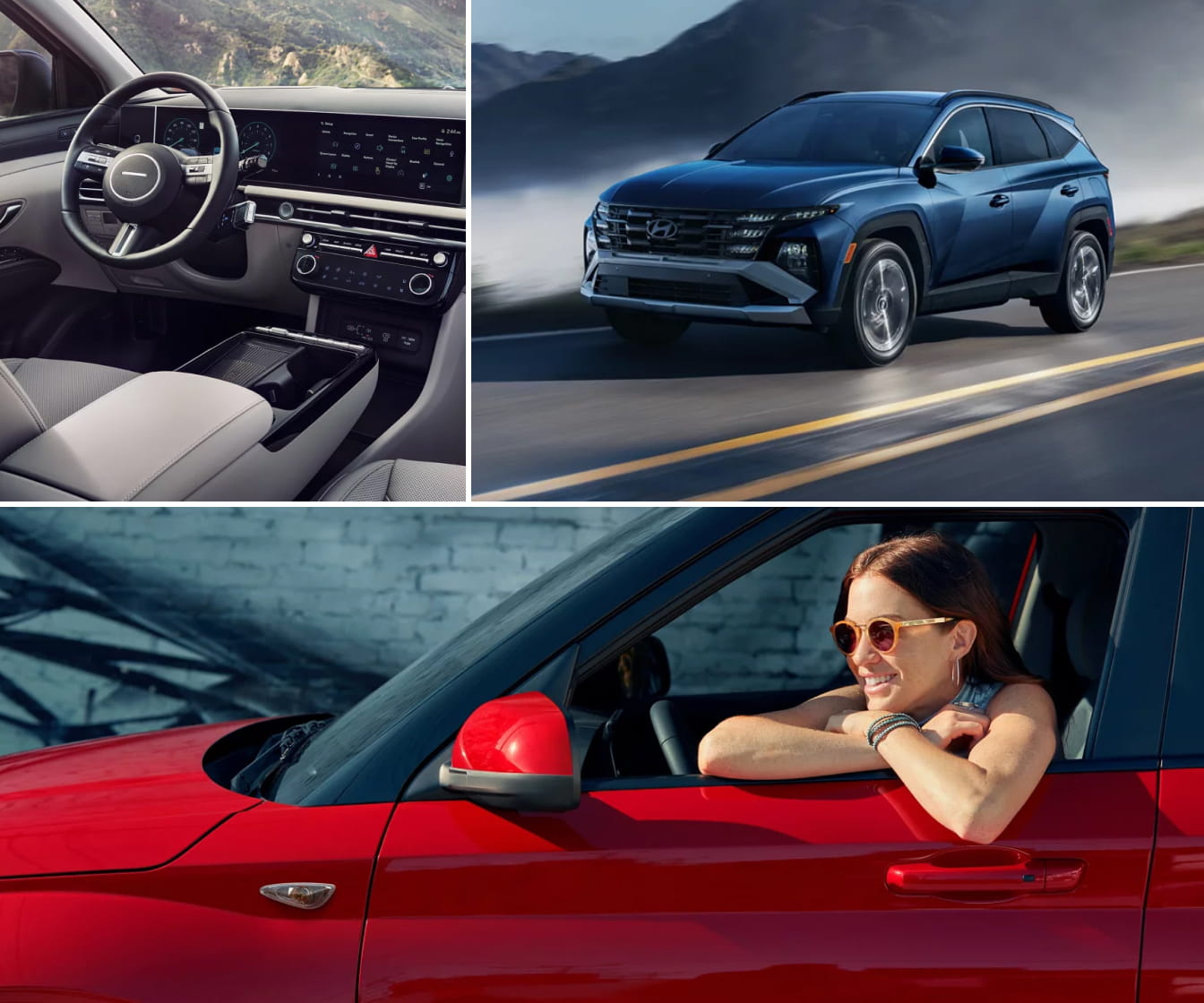 Collage showing the 2026 Tucson Limited in atlantis blue color and the 2026 Venue Limited in Ultimate Red.