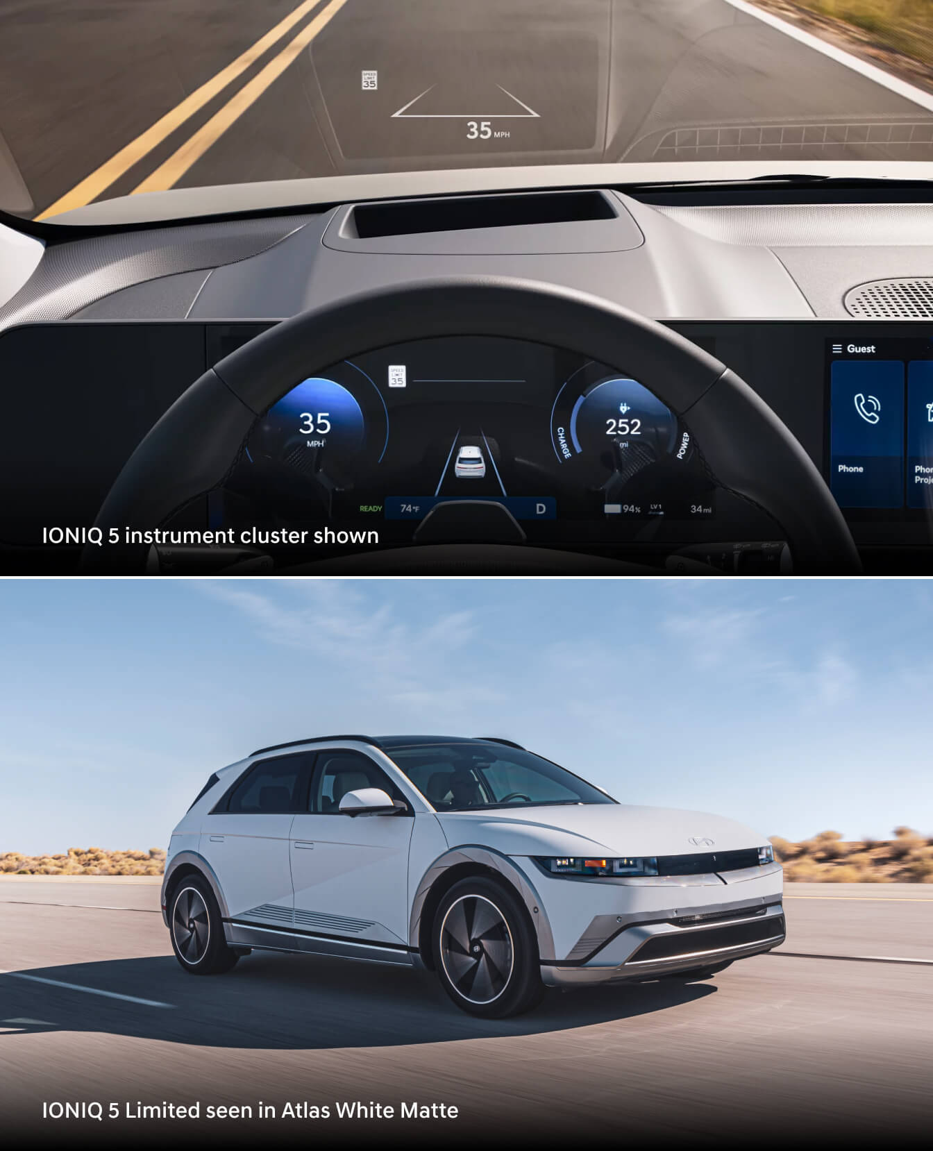 2026 Hyundai IONIQ 5 instrument cluster and head-up display. Bottom: IONIQ 5 Limited in Atlas White Matte driving.