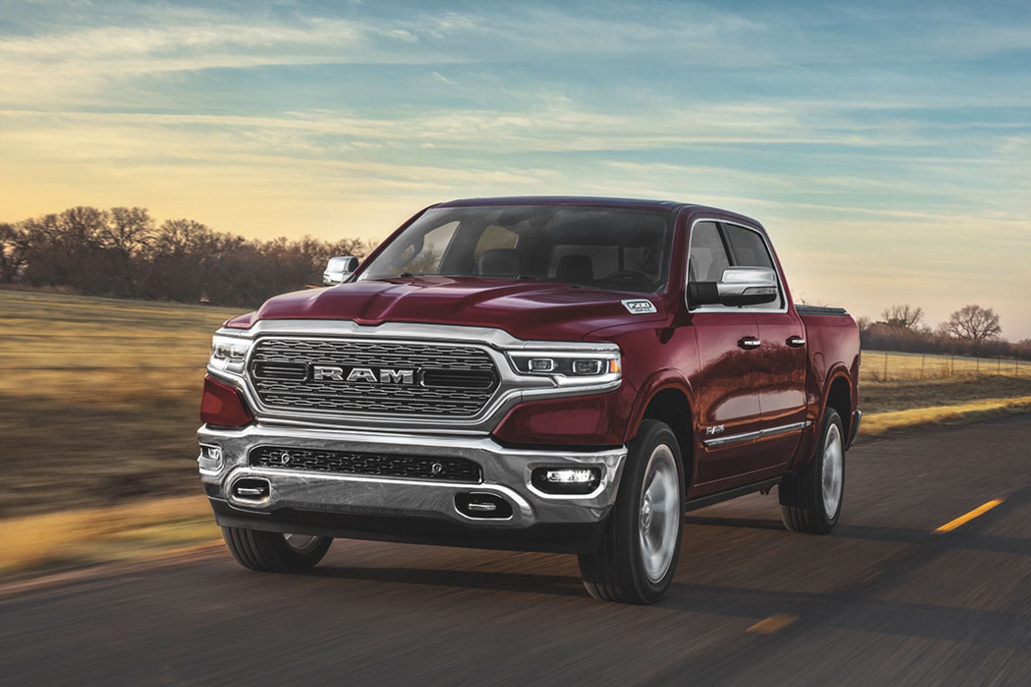 Ram 1500 front 3/4 view on the road