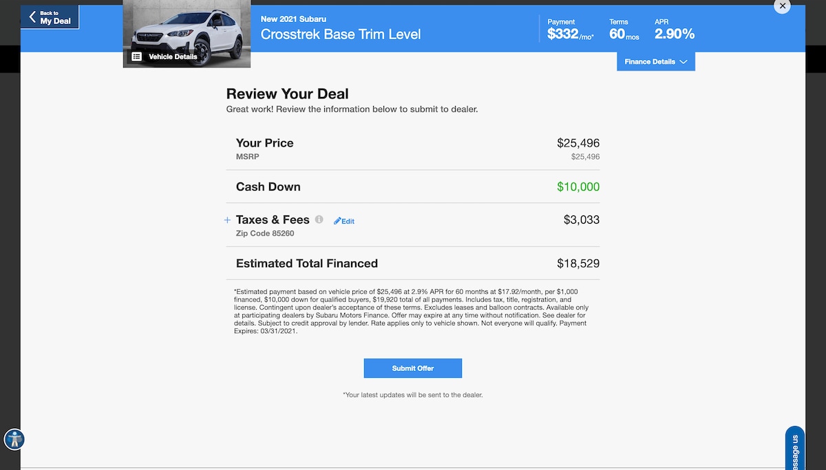 AutoNation Express finalize your deal screen on desktop