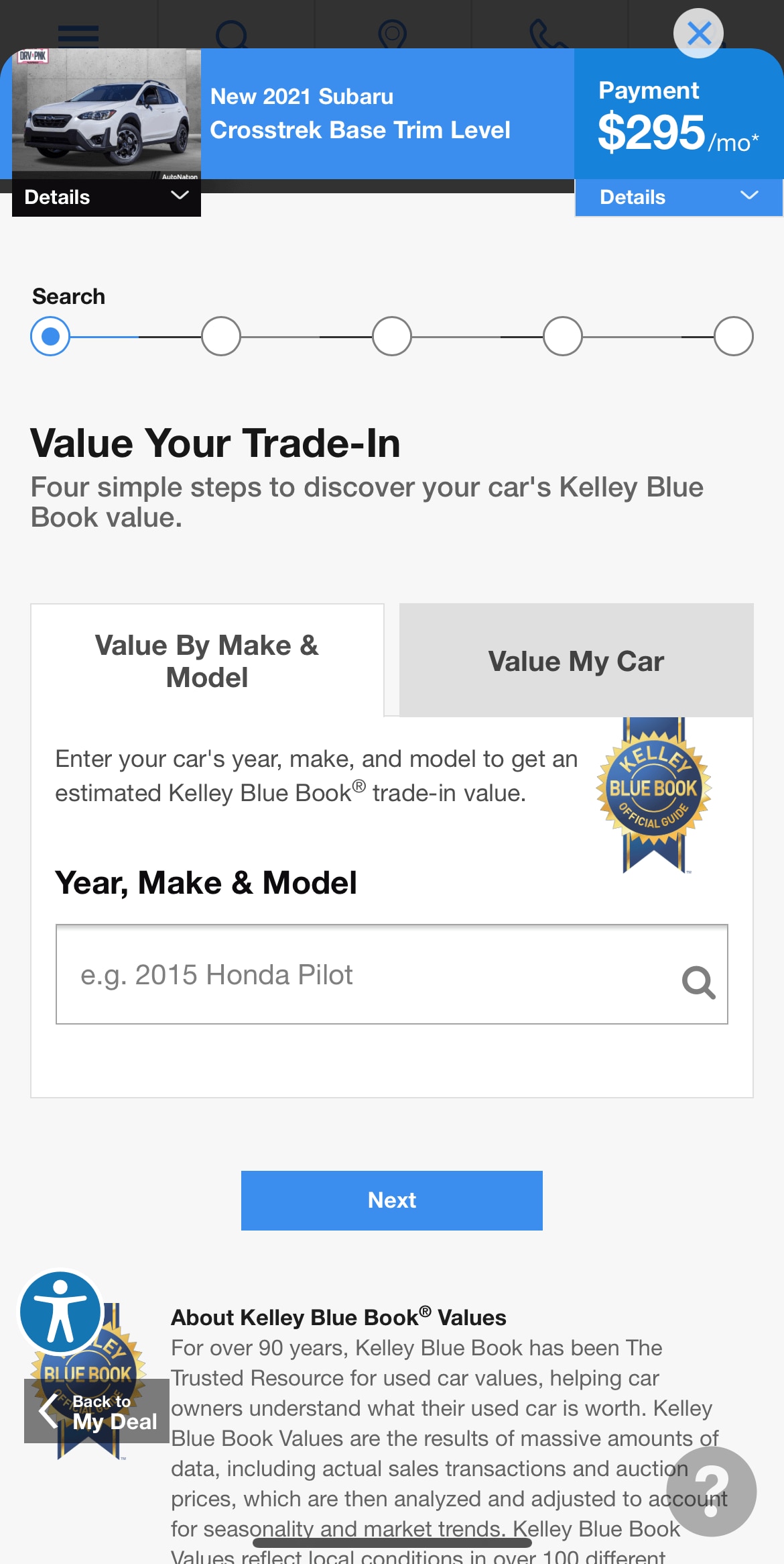 AutoNation Express value your trade-in screen on a mobile device