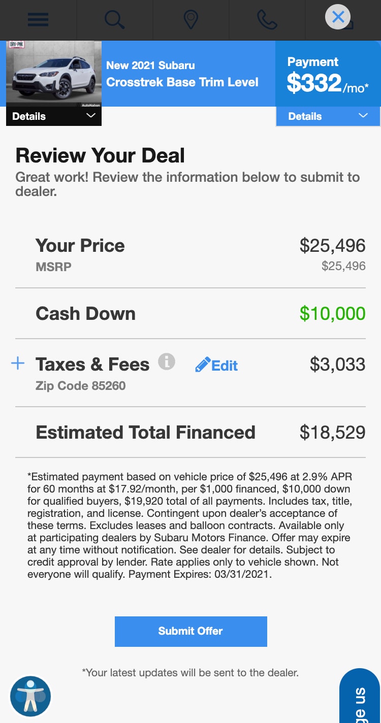 AutoNation Express finalize your deal screen on a mobile device