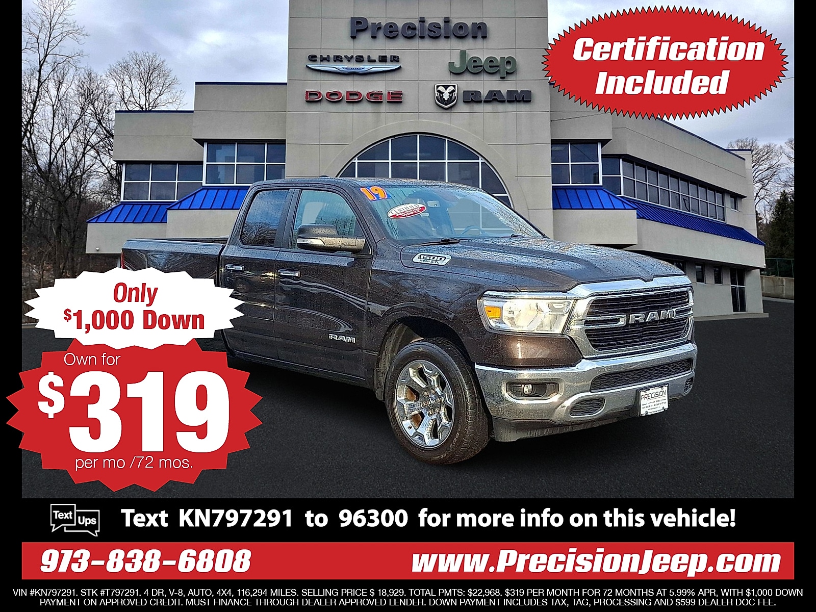 Certified 2019 RAM Ram 1500 Pickup Big Horn/Lone Star with VIN 1C6SRFBT0KN797291 for sale in Butler, NJ