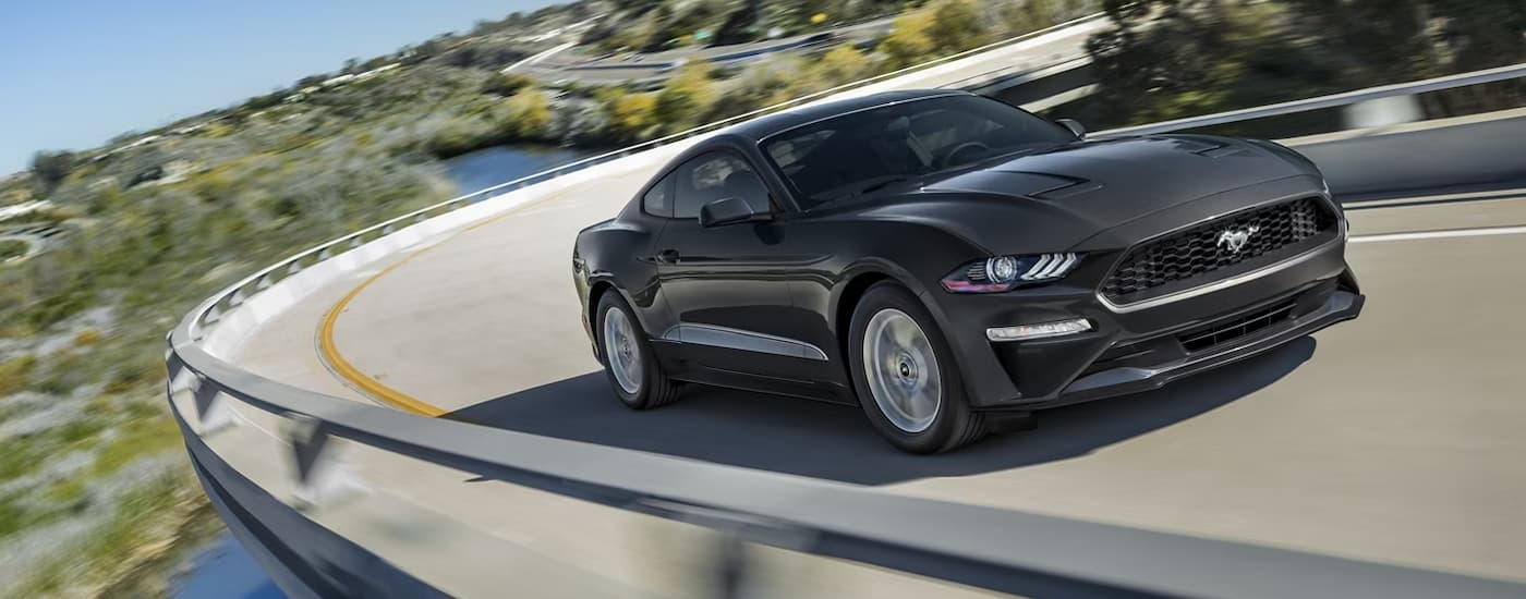A grey 2023 Ford Mustang Ecoboost Fastback is shown driving on an winding road after leaving a Ford dealer near Hempstead.