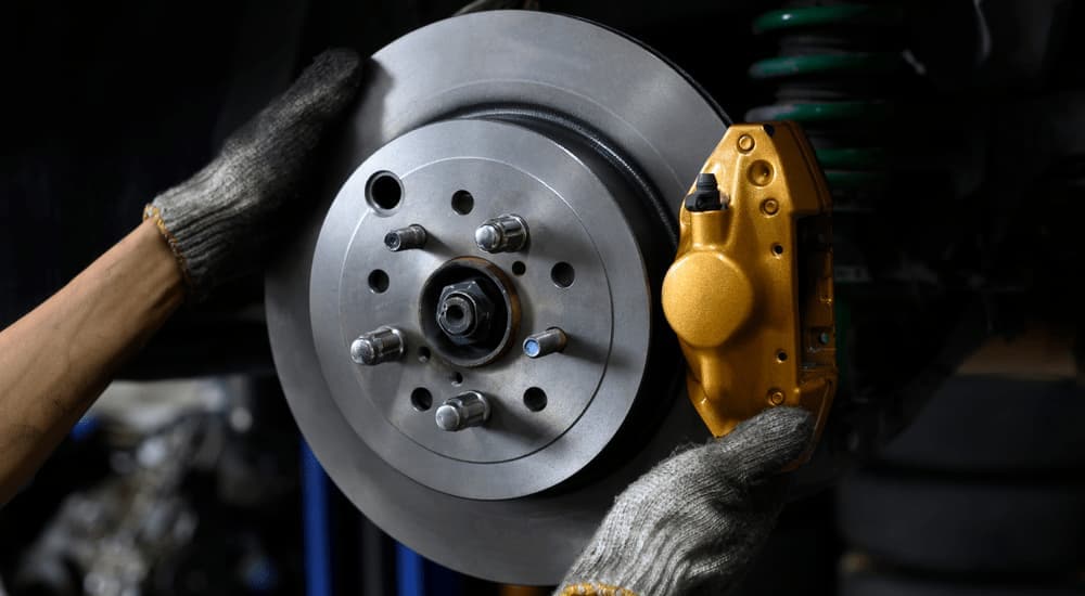 A close up of a brake rotor is shown.