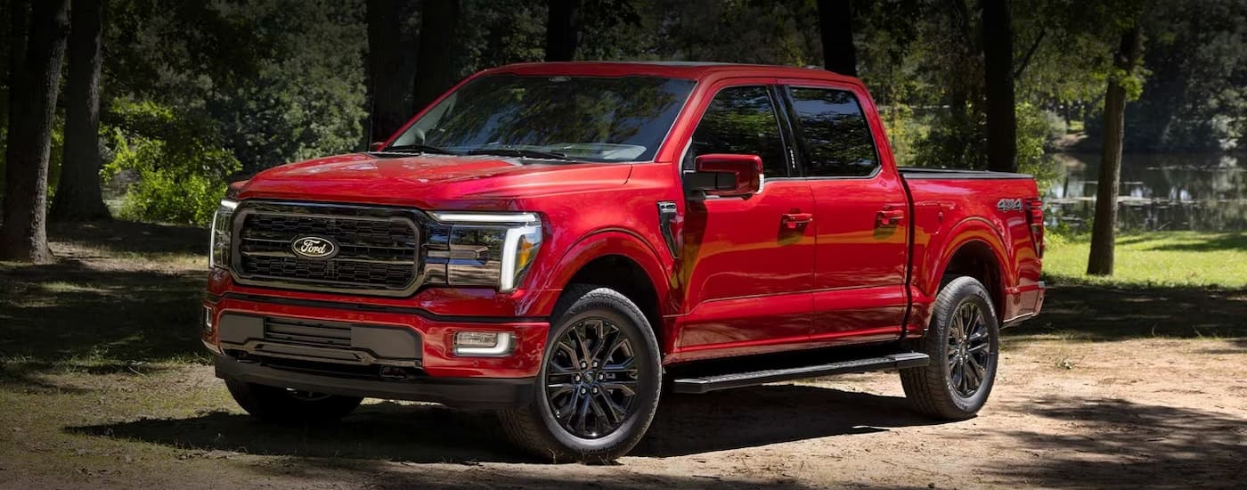 A red 2024 Ford F-150 is shown parked on a dirt road surrounded by trees.
