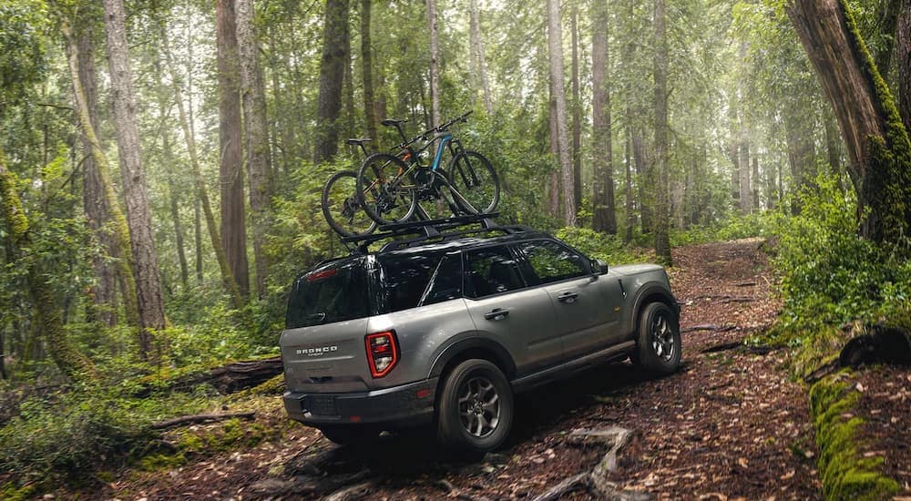 A grey 2023 Ford Bronco Sport driving on a rocky trail in the forest.