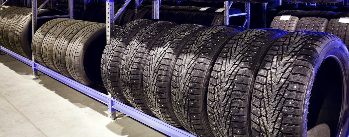 Tires are shown on a rack