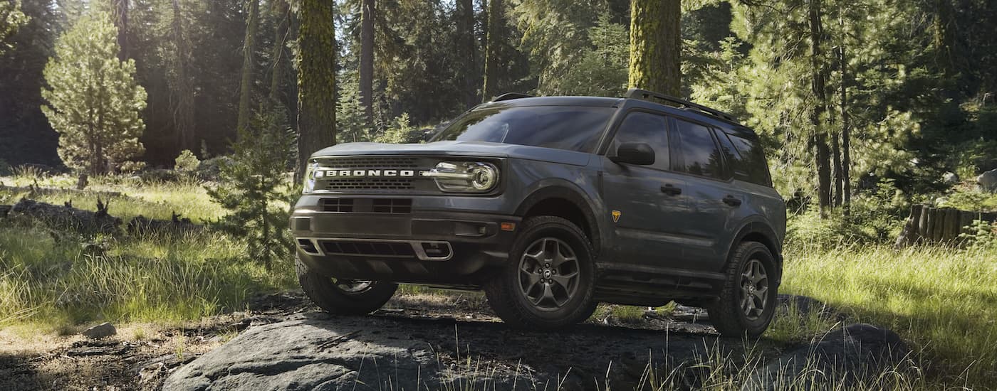 A grey 2024 Ford Bronco Sport for sale is shown from the front at an angle.
