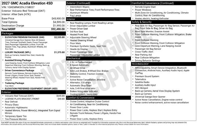 New 2027 GMC Acadia Elevation SUV