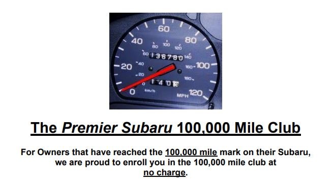 Benefits of the Premier Subaru 100,000 miles club card